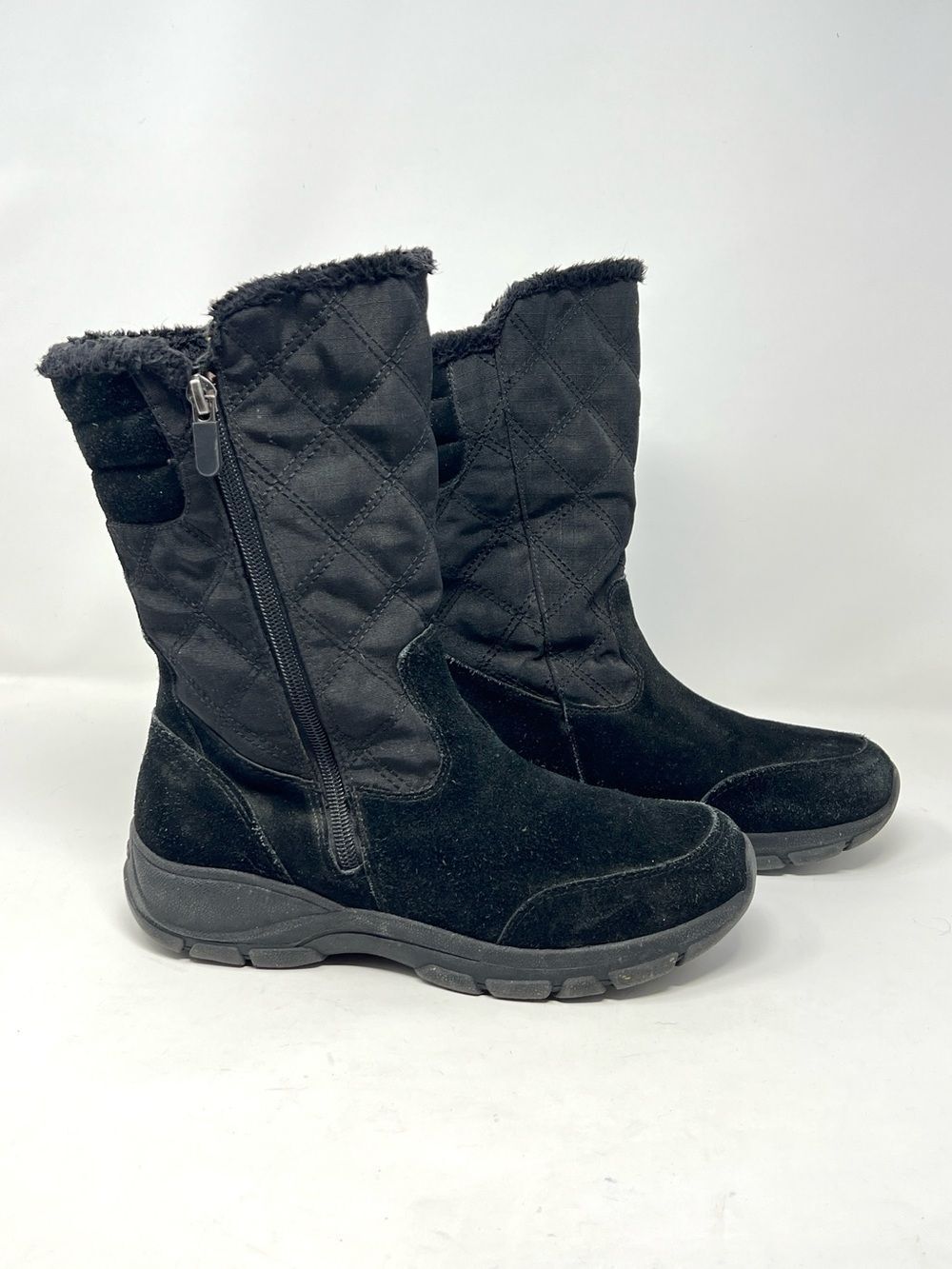 Lands’ End Black Suede Quilted Winter Boots Faux Fur Women’s 8.5